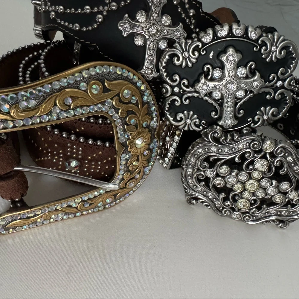 Justin Boots Leather Cross & Rhinestone Bling Belt Western Country Boho Bling